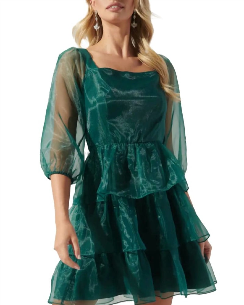 Front of a model wearing a size L Leah Organza Dress In Emerald in Emerald by SugarLips. | dia_product_style_image_id:344713